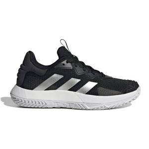 Anterior side view of the adidas SoleMatch Control Women's Shoe shown in the Core Black color option.