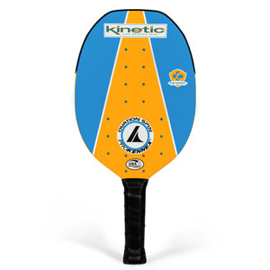 Blue and orange ProKennex Kinetic Ovation Spin Paddle front view. Features logos on the front, top, and side.