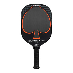 ProKennex Kinetic Black Ace Pro Pickleball Paddle featuring a black grip and carbon fiber face with a red spade outline and checkerboard design