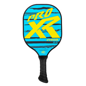 Front view ProXR The Junior Pickleball Paddle featuring blue striped background and ProXR logo in yellow across the paddle face