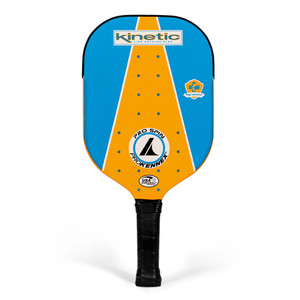 Blue and orange ProKennex Kinetic Pro Spin Paddle front view. Features logos on the front, top, and side.