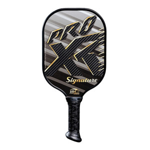 The ProXR Signature Graphite Pickleball Paddle features a gold and black graphic design, and the unique XR-23 angled handle cap design. Available in 3 weight options ranging from 8.2 ounces all the way up to 9.6 ounces.