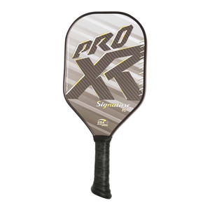 The ProXR Signature 16 Pickleball Paddle features a gold and grey graphic design on a 3k carbon fiber weave face and 16mm thick core. Ranging in weight from 8.0 to 8.4 ounces, with a 5.5" handle length to allow room for double handed shots.
