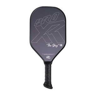 ProXR "The Story" 16 Pickleball Paddle highlights a forehand fiberglass face and backhand carbon fiber face. Black background with large ProXR logos on each side, white outline and details on the fiberglass side, with yellow outline on the backhand side.