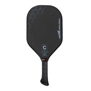 ProXR Carbon Fiber 16 Pickleball Paddle with black background. Honeycomb graphic in upper left and ProXR logo on vertically down the right side of the paddle face