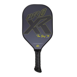 ProXR The Story Lefty 14, front view of 2-sided design. Features ProXR logo and paddle name across front in gold font