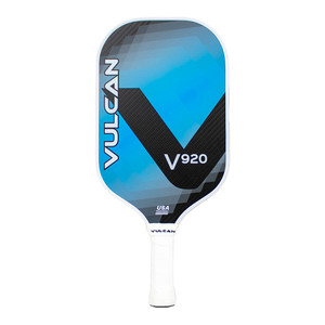 Vulcan V920 Middleweight Pickleball Paddle featuring a textured carbon-fiber face with a blue and black design and brand logo
